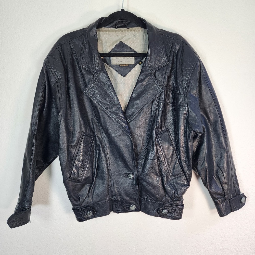 Vintage Carlo Amboldi Black Leather Jacket Blazer Bomber Biker Boho Sz M